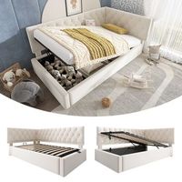 cama canape para nino y adolescente con almacenamiento hidraulico y somier de terciopelo y madera beige 90x200 cm