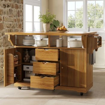 Carrito De Cocina Con Alas Abatibles, 142,5 X 80 X 95 Cm, 3 Cajones Y Ruedas Bloqueables