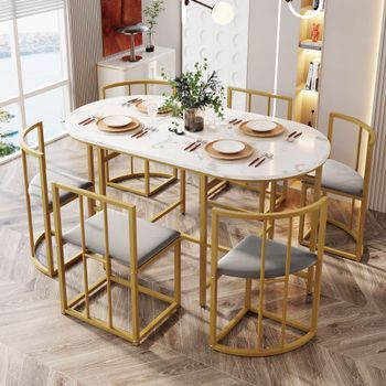 Conjunto De Mesa Y 6 Sillas - Comedor - Mdf Y Metal - Blanco, Gris Y Dorado (140x80x76cm)