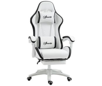 Vinsetto silla gaming ergonómica, silla gamer de cuero pu con reclinable 135°, soporte lumbar, altura ajustable, reposacabezas y reposapiés retráctil, para oficina, estudio, blanco y negro
