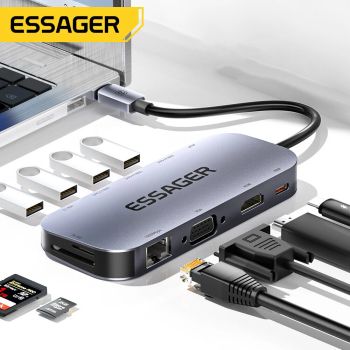 Estación de acoplamiento Essager 11 en 1 Type-C 3 * USB 3.2 Gen1 5Gbps HDMI 4K@30HZ VGA RJ45 1000Mbps Cargador PD Concen
