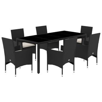 Set Comedor Jardín 7 Pzas Cojines Ratán Sintético Vidrio Negro Vidaxl