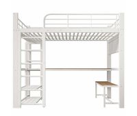 cama alta 140200 cm - estructura metalica con rejilla para colgar objetos tira de led escaleras con almacenamiento sin colchon - blanco