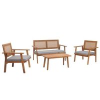 mobiliario de jardin con mesa tipo banco y 2 sillas de madera y poliratan con cojines grises 040008325