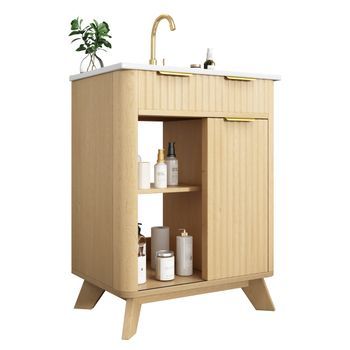 Mueble De Baño, Diseño Ondulado,acabado En Color Madera Natural, 3 Cajones Extraíbles Y Puerta Corredera Con Estante, Sin Grifo