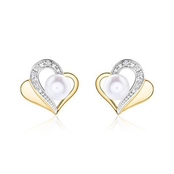 Pendientes corazón de oro de 14 quilates con perlas y diamantes