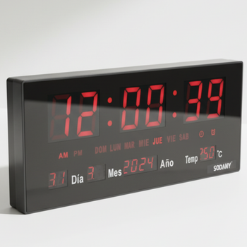 SODANY Reloj de Pared Digital LED Grande (36 cm), 8 Alarmas Programables, Calendario Completo y Temperatura