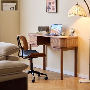 Escritorio 2 puertas en madera y ratán