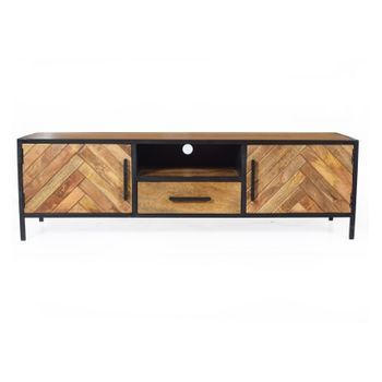 Madras-mueble Tv 2 Puertas 1 Cajón L150, Madera Maciza De Mango Y Metal