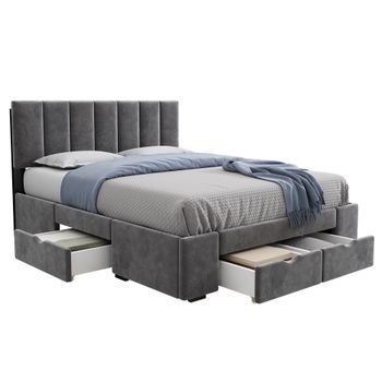 Cama Tapizada Gris 140x200 Cm De Terciopelo Con Somier Y Cuatro Cajones