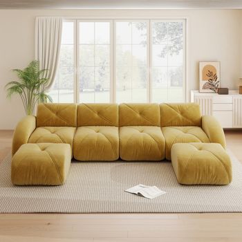 Sofá Modular En Forma De U De 4 Plazas Con 2 Pufs, Felpilla Amarilla