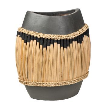 Florero Ceramica Negro Con Fibras Naturales
