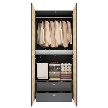 Armario De Dormitorio Moderno, Armario Ropero 90x50x200 Cm, Armario Con 2 Cajones, Mdf, Madera Y Gris.