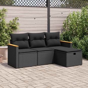 Juego De Sofás Jardín 4 Uds | Juego De Muebles De Jardín Con Cojines Ratán Sintético Negro Cfw73125