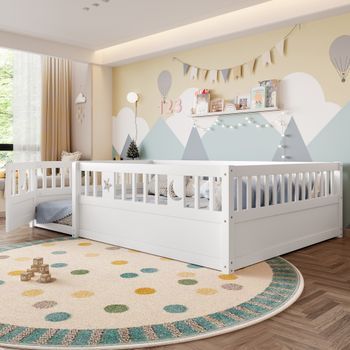 Cama Infantil 140 X 190 Cm Con Barandillas De Seguridad Y Puerta - Pino + Contrachapado - Con Somier - Gris (sin Colchón)