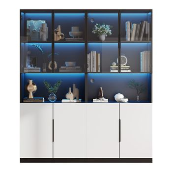 Vitrina negra con 4 puertas de cristal blanco e iluminación LED
