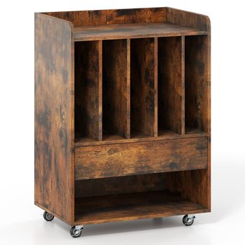 Costway Mueble para Vinilos Móvil Industrial con Ruedas 5 Compartimentos Cajón y Estante Abierto 52x35,5x73 cm para Salón o Oficina