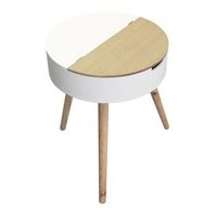 mesita de noche color blanco con cajon abierto y patas de madera 45x30x60 cm- meyvaser