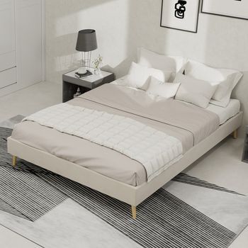Cama Doble Tapizada En Terciopelo Beige Bajo Moderno 140x200 Cm