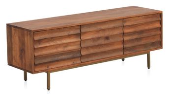 Mueble tv 3 puertas madera de mango maciza y patas de metal dorado