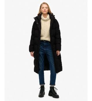 Superdry para mujer. W5012143A Abrigo con capucha Hooded Longline negro (S), Casual, Poliéster