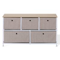 aparador horizontal con 5 cajones de metal y tela beige y blanco