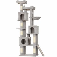 pawhut arbol rascador para gatos alto 200 cm con 6 postes rascadores de sisal 2 camas 3 casitas y hamaca gris claro   aosom espana