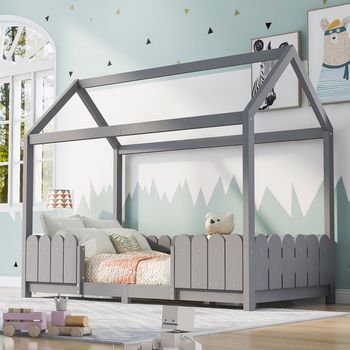 Cama Cabaña Infantil De Madera Con Barrera De Seguridad Y Somier De Lamas 90x200 Cm Gris