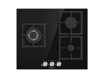 Placa de gas - Hisense GG633B, 3 zonas, 58 cm, Gas Natural, Encendido fácil, Fogón Wok, Cristal Negro