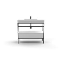 mueble de bano con estructura en aluminio color negro - lavabo de resina blanca - cajon en madera acabado blanco mate y de gran capacidad  - medidas 80 cm ancho x 46 cm fondo x 90 cm alto