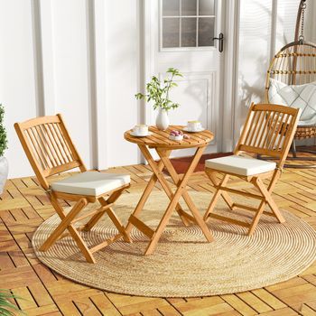Conjunto Bistro Patio Plegable Mesa Y Sillas Madera Cojines Suaves Crema