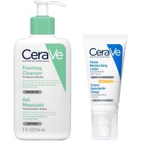cerave morning cleanse and protect duo for oily skin cleanser with niacinamide and moisturiser with spf 50 and hyaluronic acid