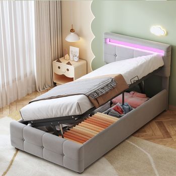 Cama Infantil 90x200cm En Terciopelo, Con Luces Led Rgb Controladas Por App Y Mando, Almacenamiento Hidráulico, Capacidad De 200kg, Gris