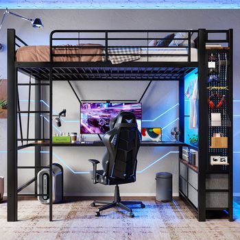 Cama Mezanine 90 X 200 Cm Estructura De Hierro Con Escritorio Con Barra De Secado Con Estantes 4 Cajones Con Enchufe Usb+type-c Tira Led Barandilla Escalera Con Panel Perforado Sin Colchón Negro