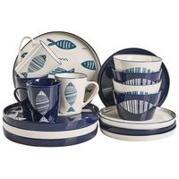 vajilla de 16 piezas de porcelana hecha a mano con acabado de esmalte reactivo motivo pez blanco y azul tamarind