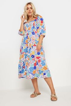 Yours Vestido Escalonado Blanco De Flores Con Manga Abullonada, Mujer Curvy Y Tallas Grandes, Yours