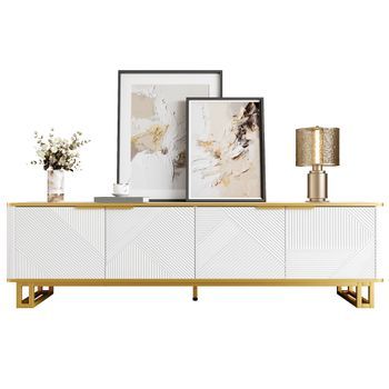 Mueble De Tv Blanco Y Dorado, Mesa De Tv De 160 Cm Con 4 Puertas Y Relieve Geométrico, Mdf Y Metal