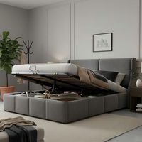 cama tapizada doble con cabecera en forma de oreja y cofre hidraulico 140x190 gris