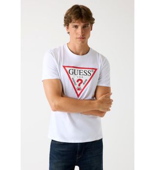 Guess para hombre. M2YI71I3Z14 Camiseta logotipo triángulo blanco (S), Casual, Algodón, Manga corta