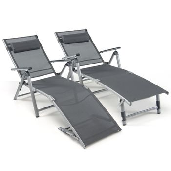 Costway Tumbona de Aluminio 2 Unidades Plegable Reclinable con Almohada Tela Teslin para Patio Playa 140,5 x 65 x 94 cm Gris