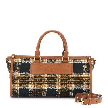 minibolso de tejido de cuadros con placa de logotipo en relieve tan