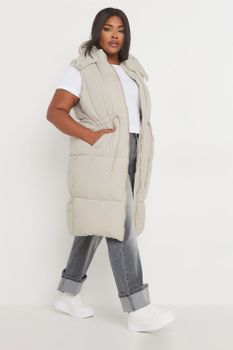 Yours Chaleco Largo Marfil Acolchado Con Capucha, Mujer Curvy Y Tallas Grandes, Yours