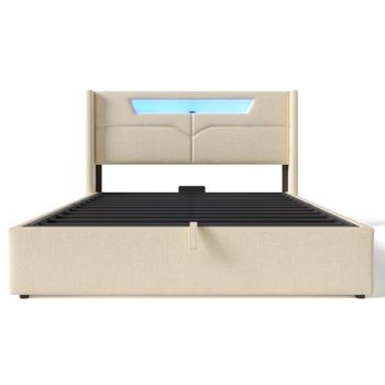 Cama Con Canapé 160x200cm Tapizada En Tela De Lino Con Led Y Puertos De Carga Con Somier Beige