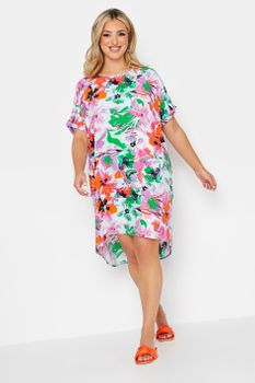 Yours Vestido Túnica Rosa Floral Manga Corta, Mujer Curvy Y Tallas Grandes, Yours