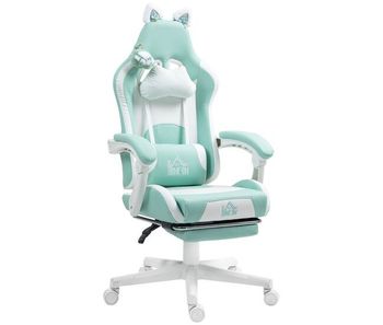 Homcom silla gaming con orejas silla gamer reclinable 135° con altura ajustable reposapiés retráctil soporte lumbar giratorio 360° y reposacabezas desmontable silla para oficina estudio verde menta
