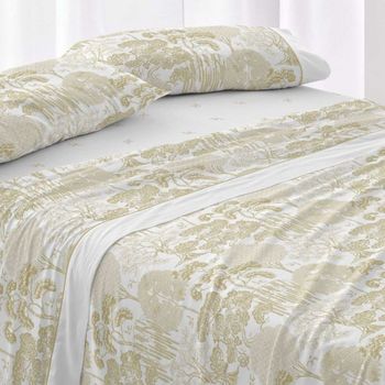 Juego De Sábanas 50% Algodón Diseño Japonés Azul Noche 150 X 190/200 Cm - Ocre - Burrito Blanco