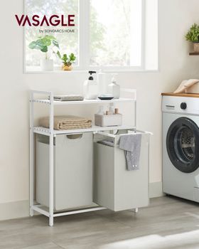 Cesto para ropa sucia con 2 bolsas y 2 estantes de color blanco