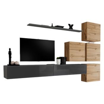 Conjunto De Muebles De Salón Mural Switch Ix Diseño, Color Gris Brillante Y Roble Wotan.