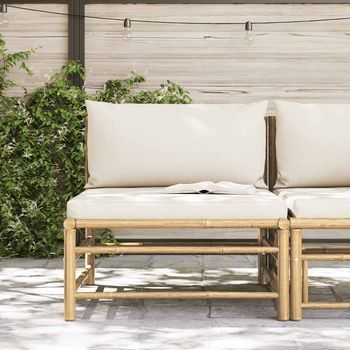 Sofá Central Para Jardín | Sofá De Exterior Bambú Con Cojines Blanco Crema