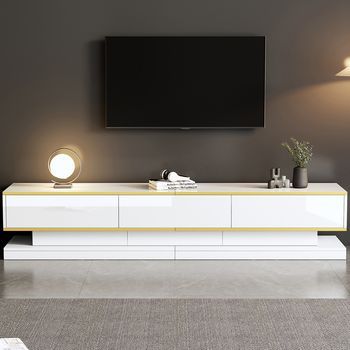 Sweiko Mueble Para Tv 200x40x40 Cm 3 Cajones Acabado Brillante En Blanco Cálido Con Bordes Dorados Diseño Elegante Sobre Patas